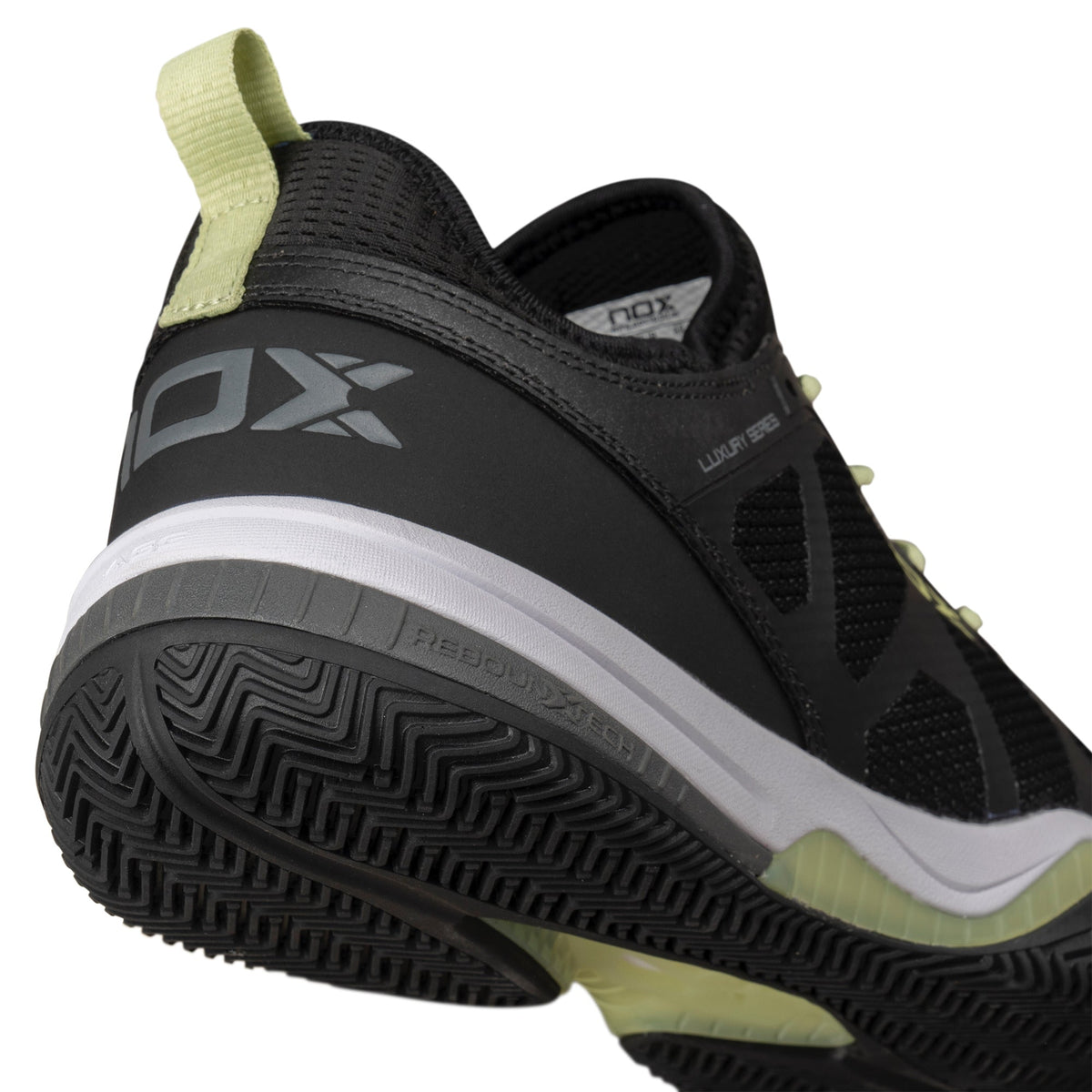 NOX Lux Nerbo Black / Soft Lime padelkenkä yksityiskohta